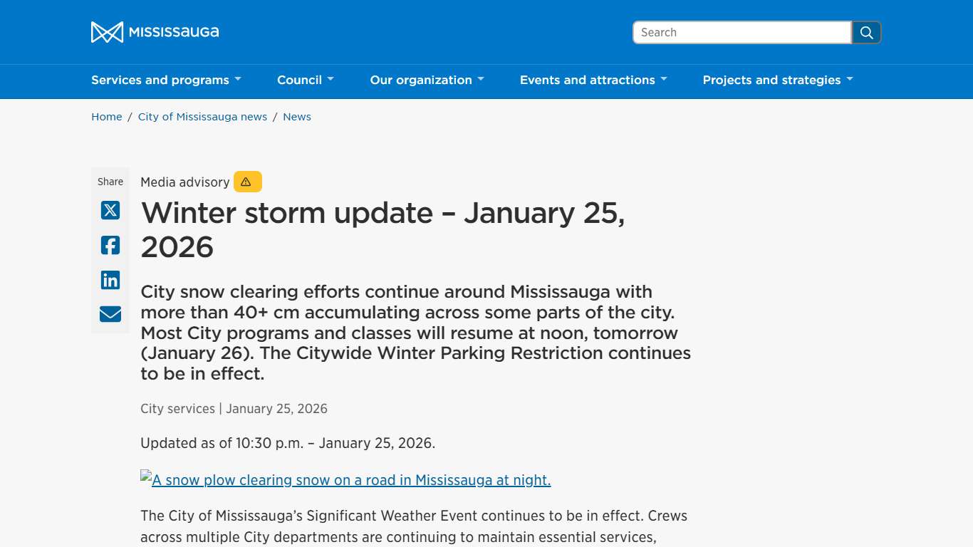 Winter storm update – January 25, 2026 – City of Mississauga